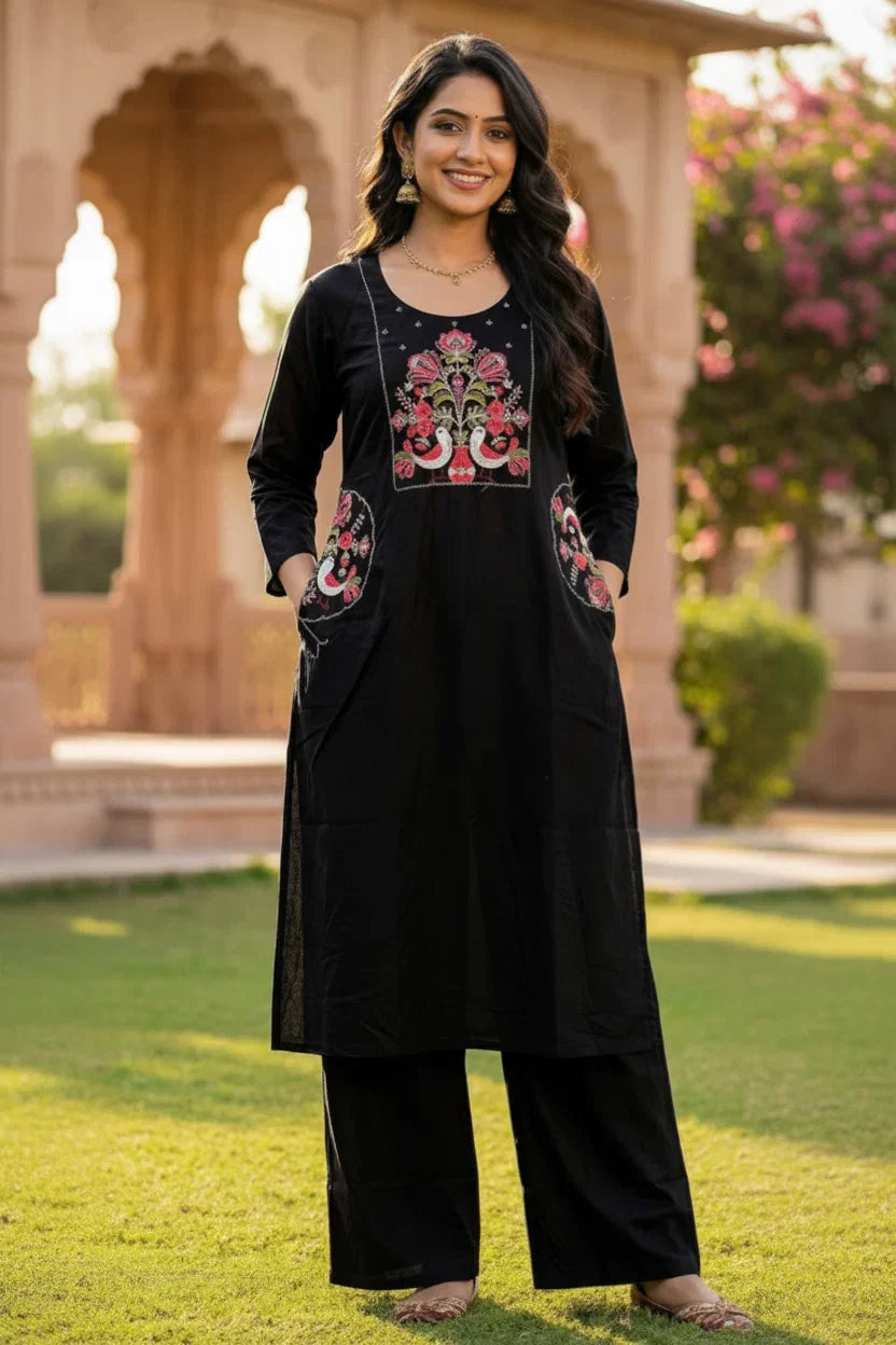 Black Cotton Embroidered Kurta Set – Classic Designer Ethnic Wear for Women in USA