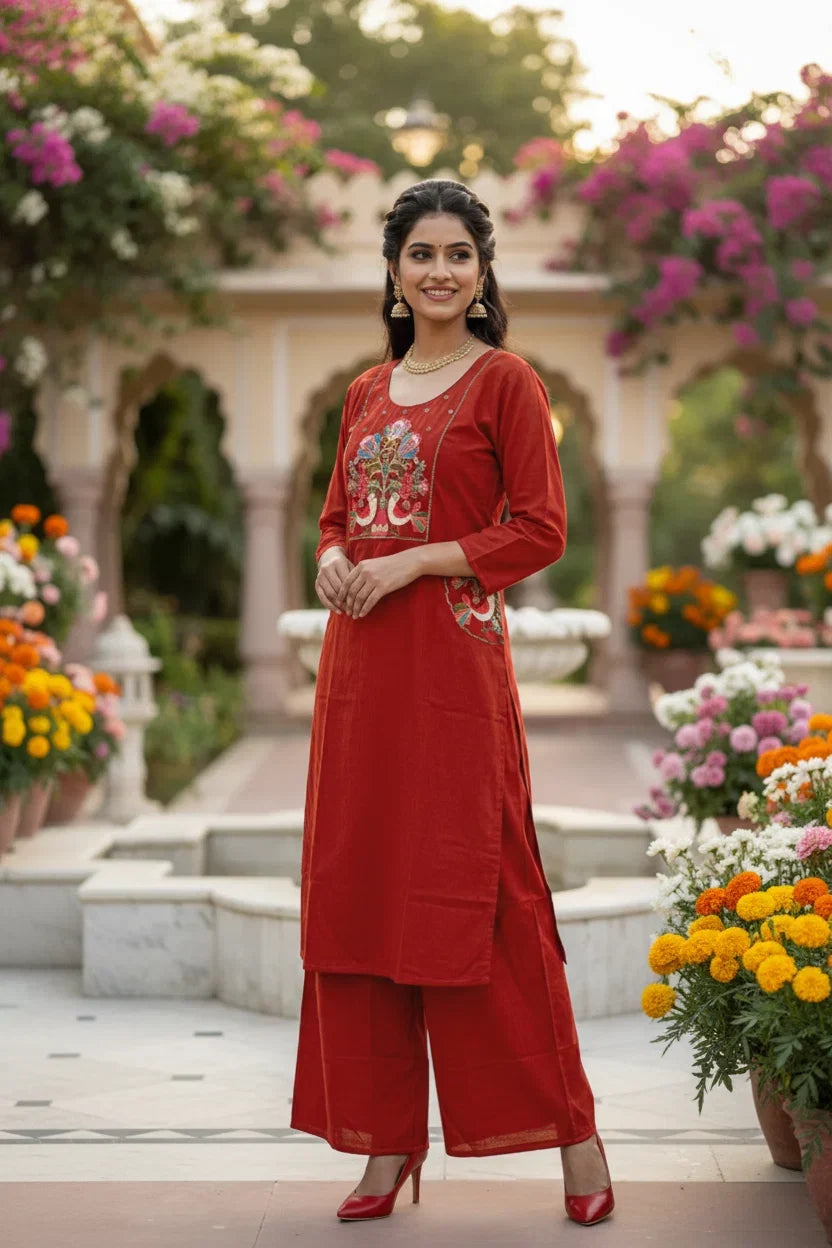 Red Cotton Embroidered Kurta Set – Elegant Designer Cotton Ethnic Wear in USA