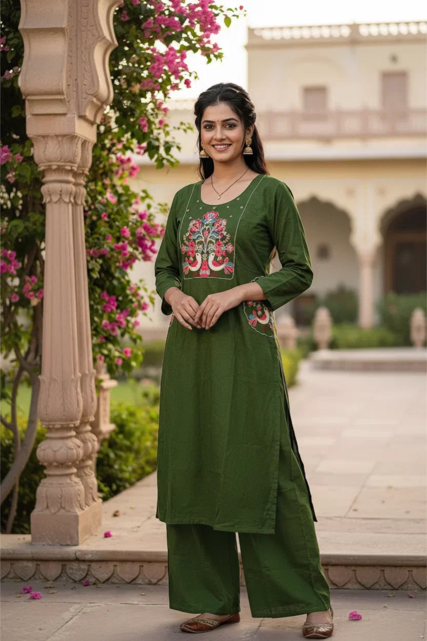 Bottle Green Cotton Embroidered Kurta Set – Elegant Everyday & Festive Ethnic Wear in USA
