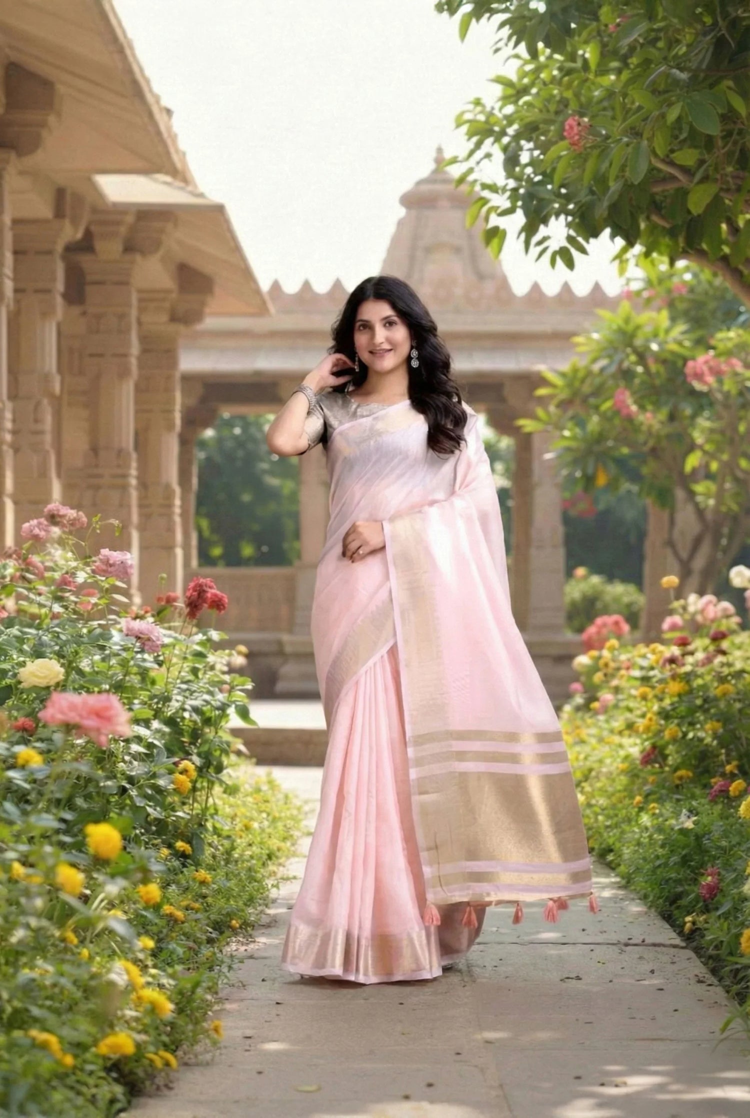 Soft Baby Pink Silk Saree With Golden Border & Blouse Piece – Timeless Elegance in USA