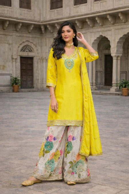 Sunny Yellow Embroidered Kurti with Floral Sharara & Dupatta Set – Bright Festive Elegance in the USA