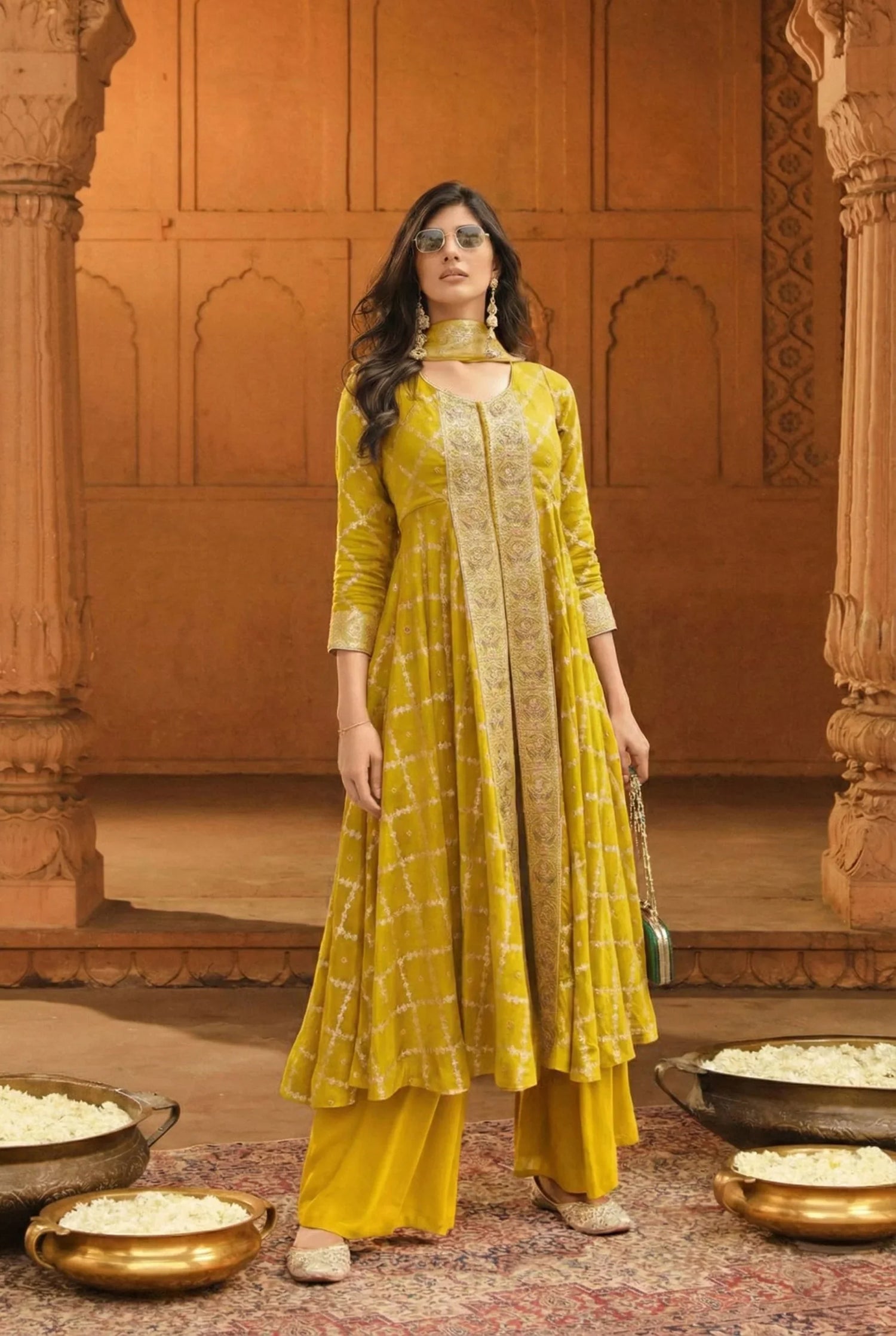 Mustard Yellow Printed Anarkali Kurta Set with Dupatta – Graceful Indian Ethnic Fashion in USA