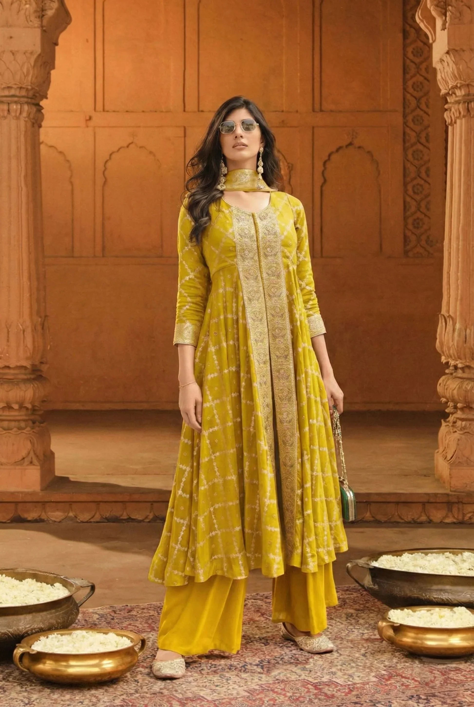 Mustard Yellow Printed Anarkali Kurta Set with Dupatta – Graceful Indian Ethnic Fashion in USA