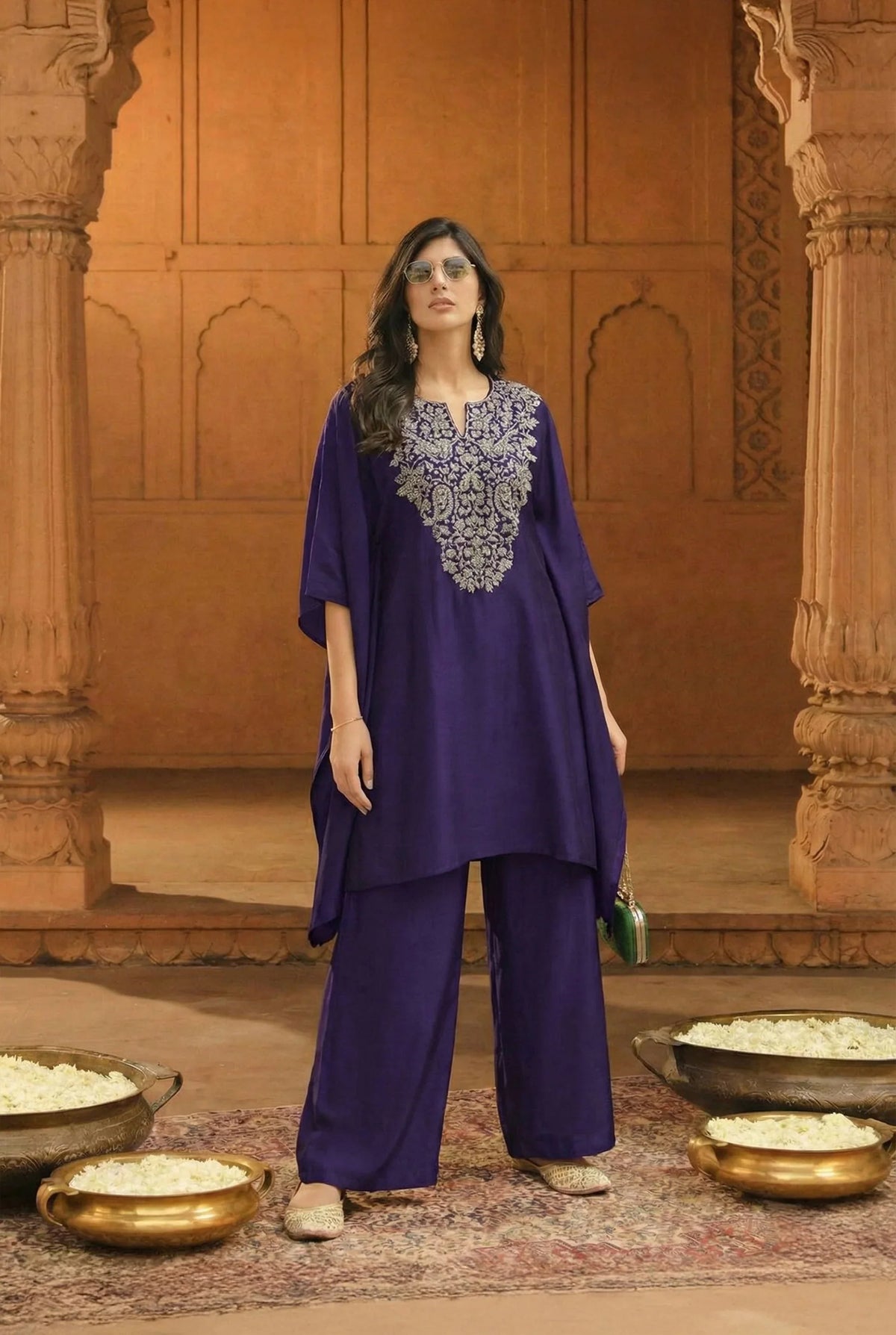 Royal Purple Embellished Kaftan Style Co-ord Set – Luxury Designer Indo-Western Ethnic Wear in USA