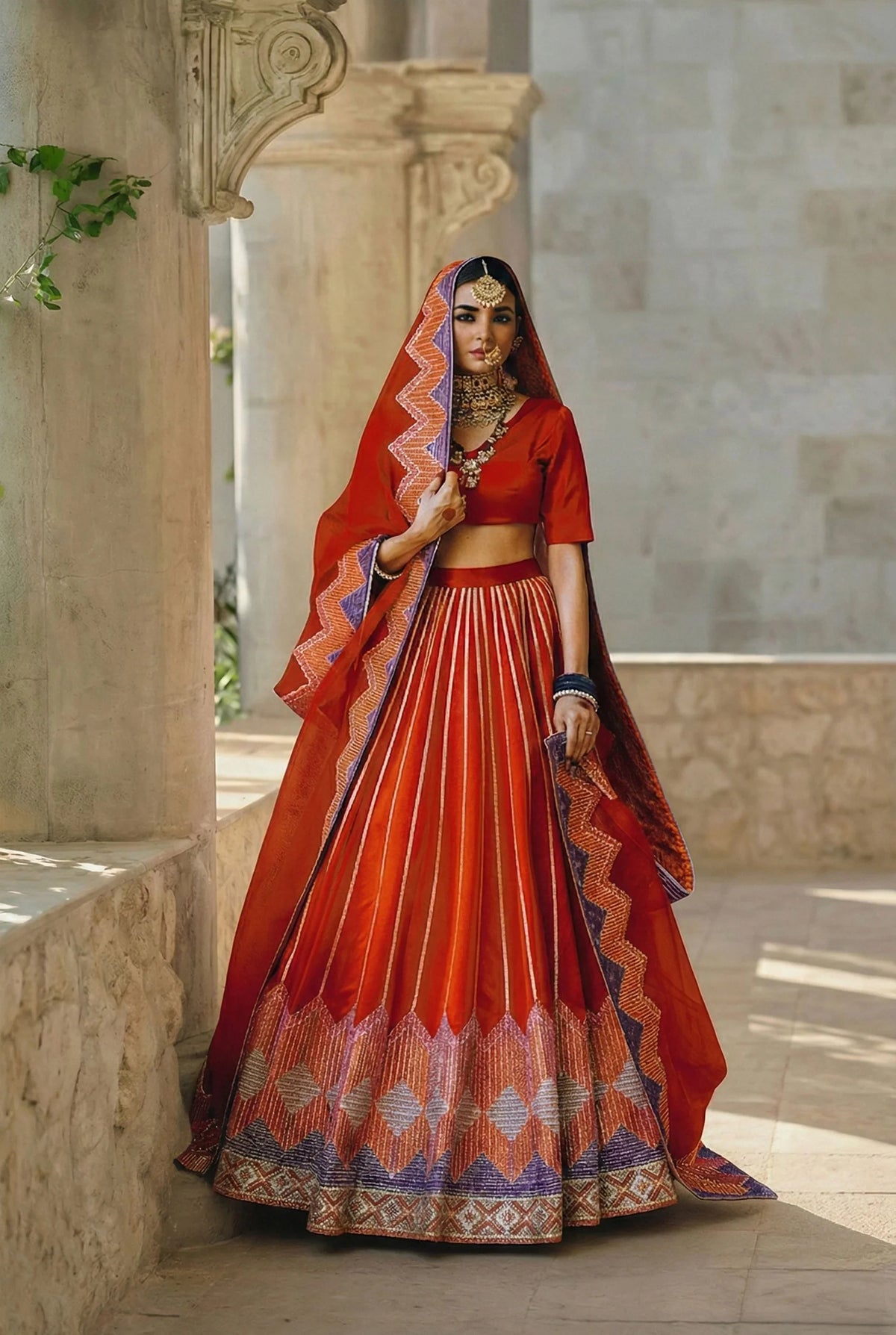 Classic Red Traditional Bridal Lehenga Set with Ethnic Border – Timeless Indian Bridal Wear in USA