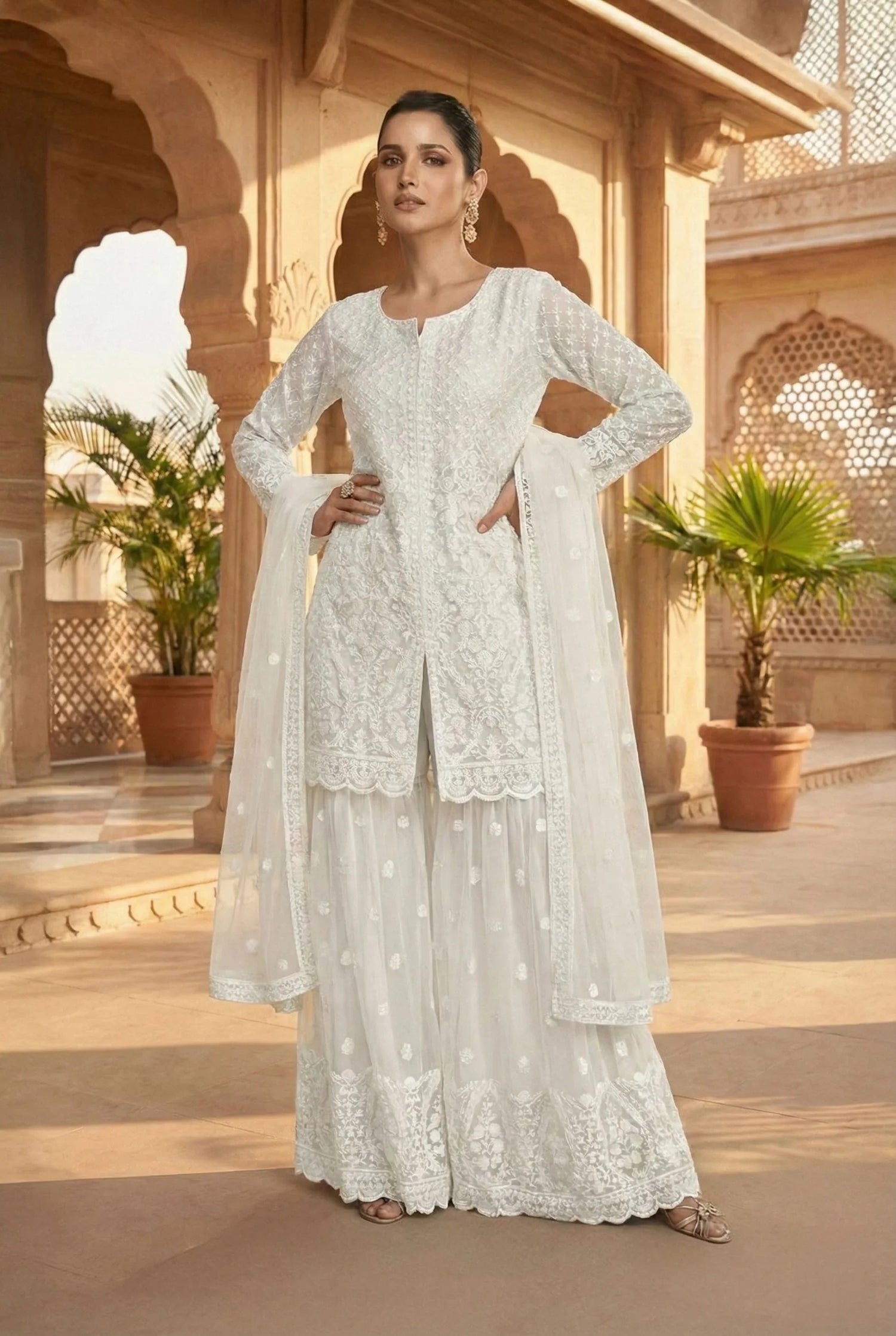 White Embroidered Net Sharara Set With Jacket-Style Kurti & Dupatta – Elegant Designer Ethnic Wear in USA