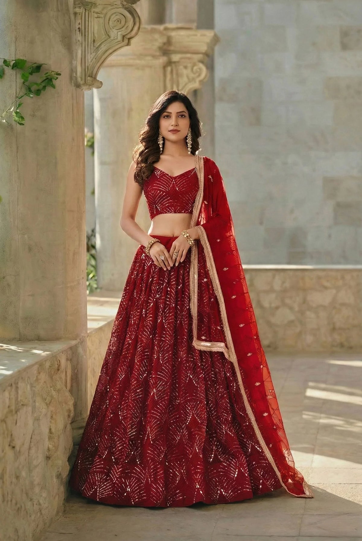 Classic Red Sequin Embroidered Party Wear Lehenga Set