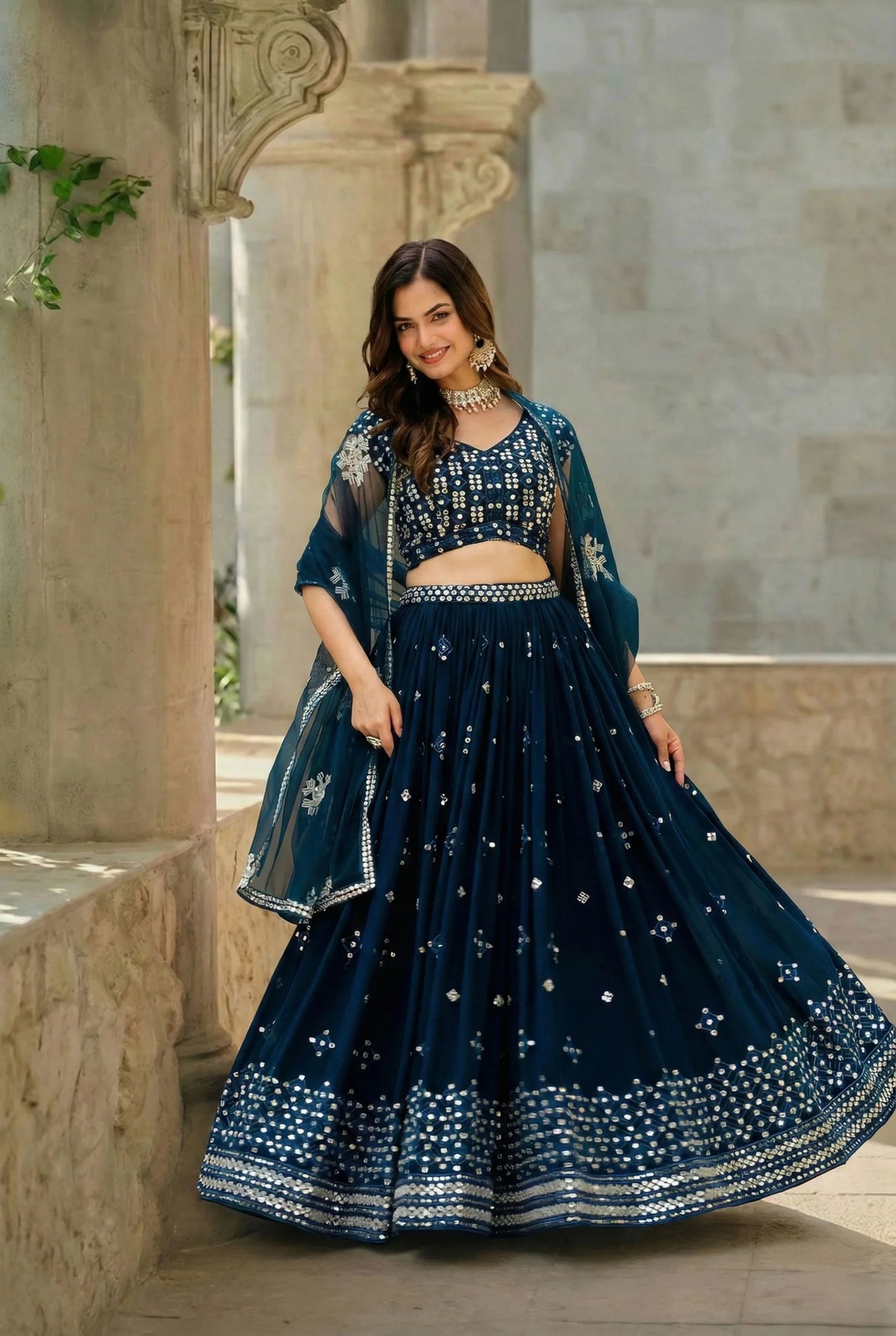Midnight Navy Blue Mirror & Sequin Embroidered Lehenga Set – Luxury Designer Wedding & Festive Wear in USA
