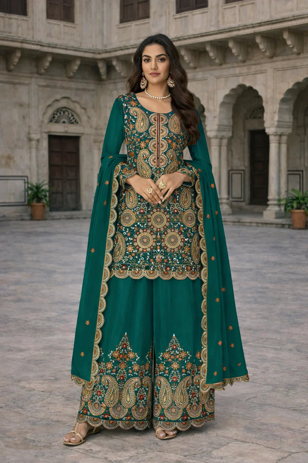 Teal Heavy Embroidered Kurta Palazzo Set with Dupatta – Luxurious Ethnic Fashion in USA