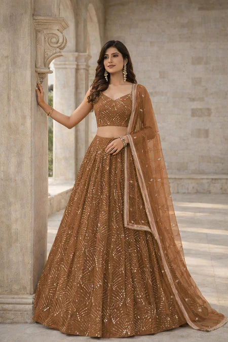Warm Bronze Sequin Embroidered Party Wear Lehenga Set in USA – Available at Swaraksha Fashions, Overland Park KS
