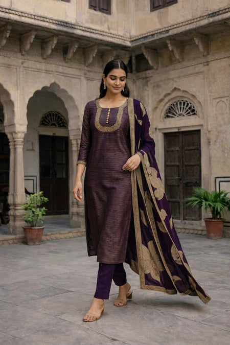 Wine Purple Embroidered Straight Kurta Set with Dupatta in USA – Available at Swaraksha Fashions, Overland Park KS