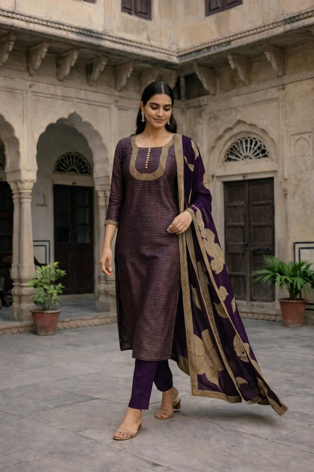 Wine Purple Embroidered Straight Kurta Set with Dupatta – Elegant Ethnic Fashion in USA at Swaraksha Fashions