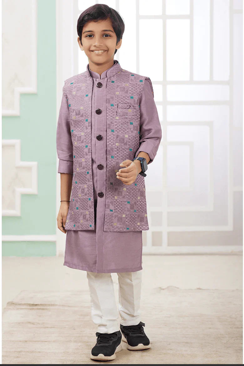 Onion Art Banarasi Silk Printed Readymade Kurta Pajama – Elegant Kids Ethnic Fashion in USA at Swaraksha Fashions