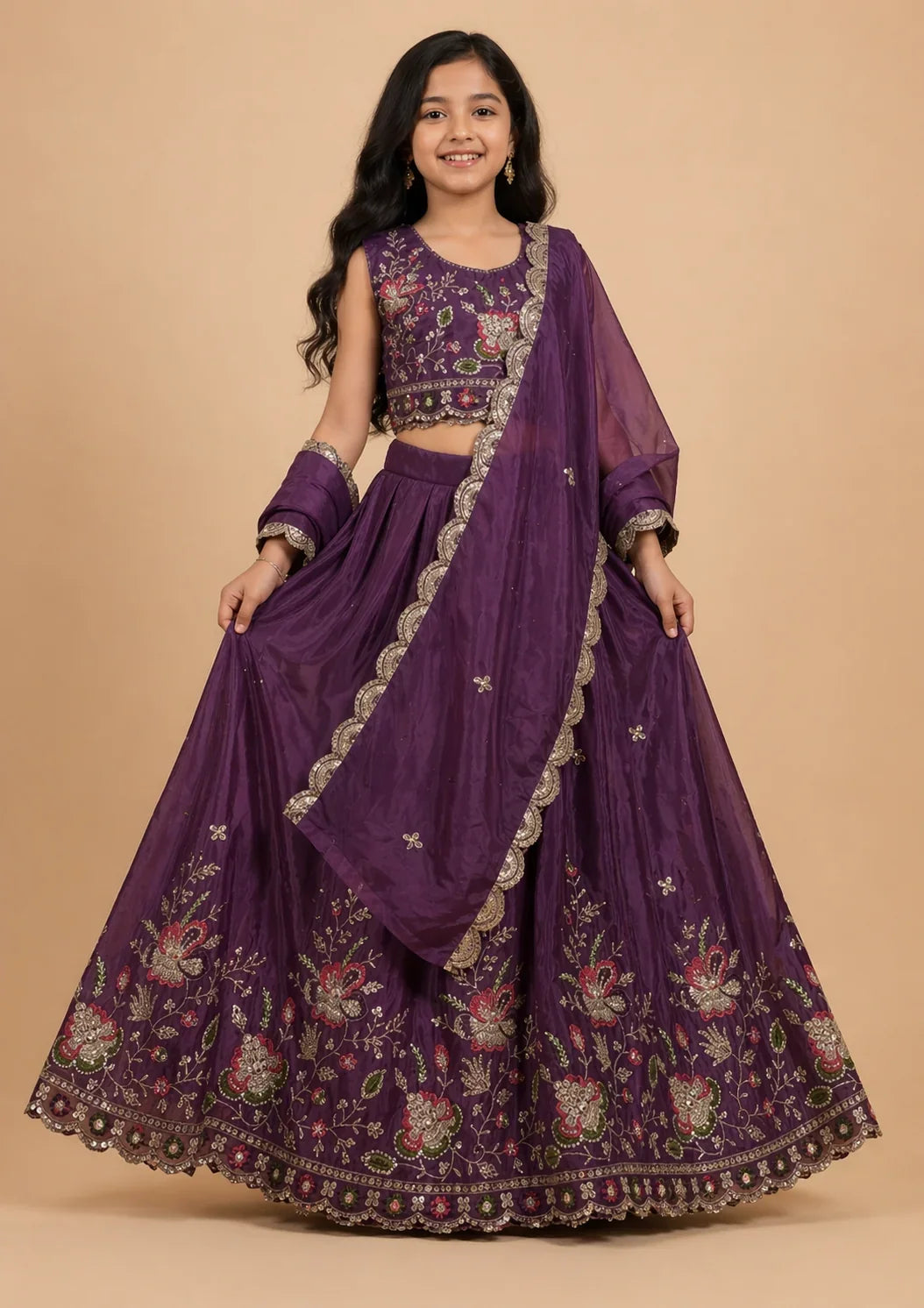 Royal Purple Floral Embroidered Kids Lehenga Choli Set with Dupatta – Elegant Girls’ Ethnic Wear in USA