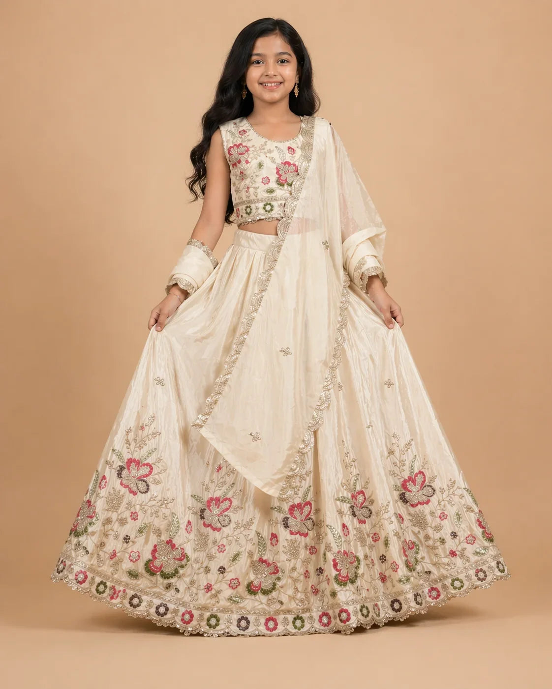 Elegant Cream Floral Embroidered Kids Lehenga Choli Set with Dupatta – Beautiful Girls’ Ethnic Wear in USA