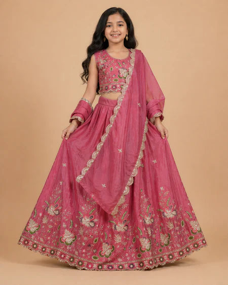 Elegant Pink Floral Embroidered Kids Lehenga Choli Set with Dupatta – Adorable Festive Style in the USA