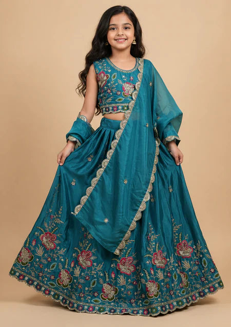 Teal Floral Embroidered Kids Lehenga Choli Set with Dupatta – Elegant Festive Charm in the USA