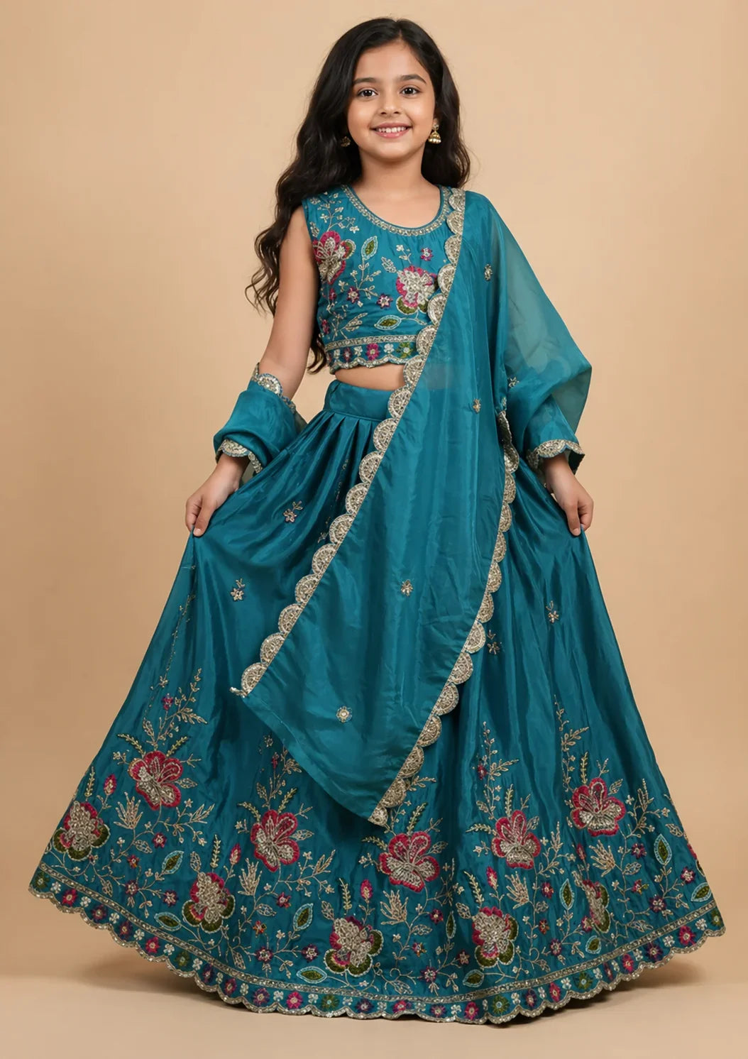 Teal Floral Embroidered Kids Lehenga Choli Set with Dupatta – Elegant Girls’ Ethnic Wear in USA