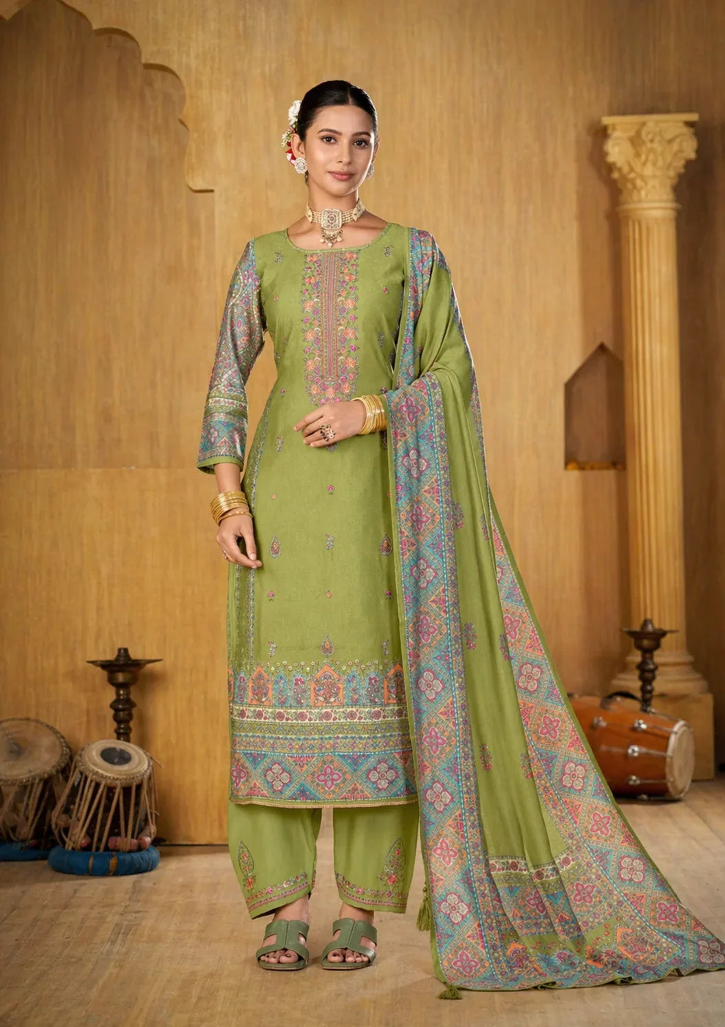 Olive Green Printed Kurta Set with Designer Dupatta – Elegant Indian Ethnic Wear in USA