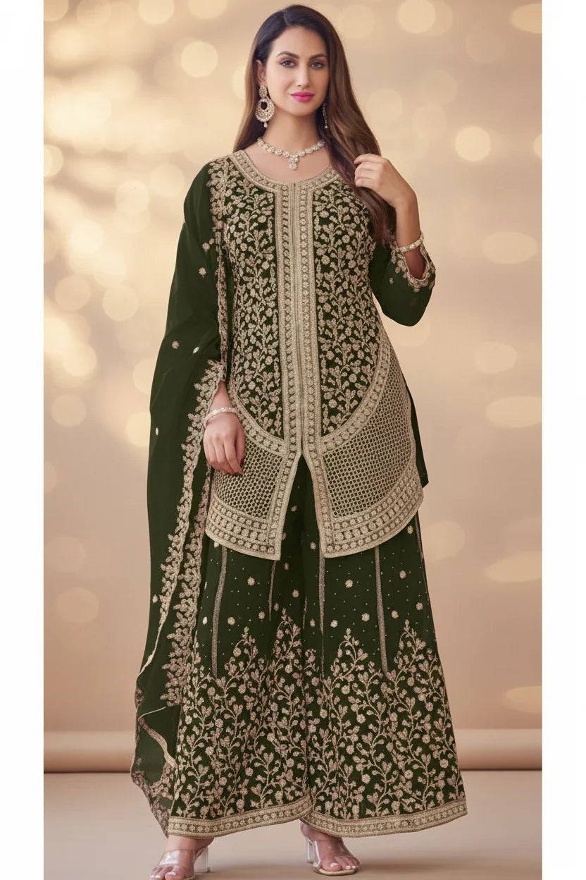 Dark Green Heavy Embroidered Sharara Set – Luxury Festive Wear for Women in USA
