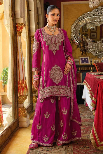 Eba Ava Rani Pink Silk Embroidered Sharara Set – Luxurious Festive Ethnic Wear in USA at Swaraksha Fashions