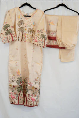 Beige Tropical Garden Printed Kurta Set with Embroidery – Elegant Ethnic Fashion in USA at Swaraksha Fashions