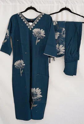 Navy Blue Embroidered Floral Kurti Set with Printed Dupatta – Stylish Ethnic Wear in USA