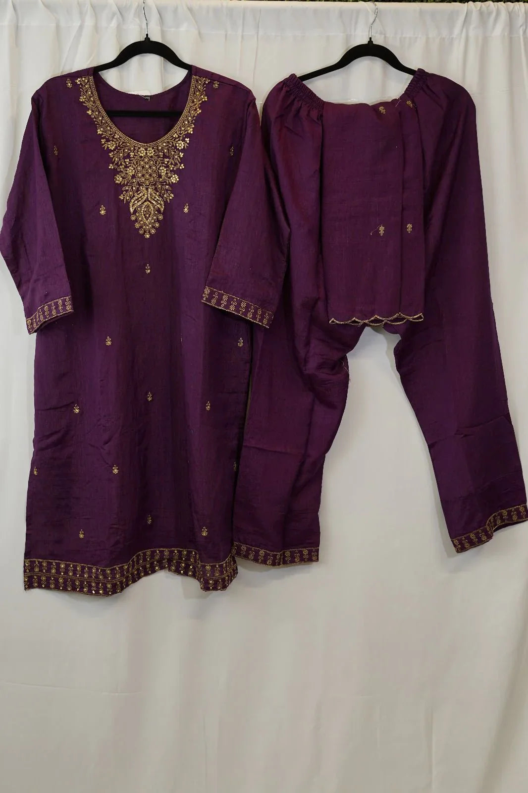Plum Purple Silk Kurta with Golden Embroidery and Matching Pant – Royal Ethnic Wear in USA at Swaraksha Fashions