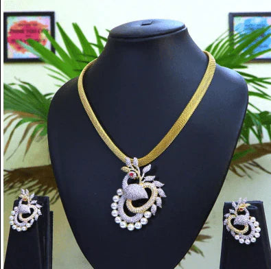 Royal Gold Peacock CZ Necklace Set – Elegant Bridal & Festive Jewelry in USA