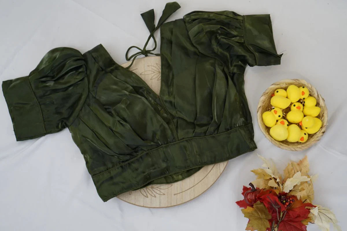 Olive Green Silk Puff Sleeve Blouse – Sophisticated Ethnic Fashion in USA at Swaraksha Fashions