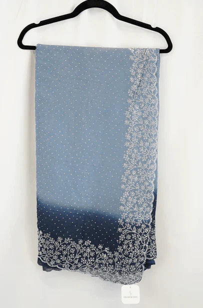 Steel Blue Net Saree with Pearl and Sequin Embroidered Border – Refined Designer Elegance in USA