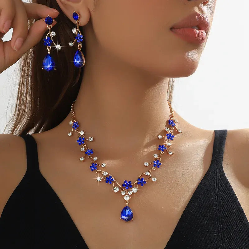 Royal Blue Floral Crystal Necklace Set – Elegant Statement Jewelry in the USA