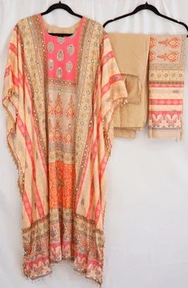 Peach & Gold Designer Kaftan Set with Mirror Work and Printed Dupatta – Elegant Festive & Wedding Wear in USA