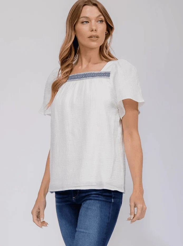 Women’s Short Ruffle Sleeve Square Neck Trim Detailed Tunic Blouse – Elegant Casual Fashion in USA