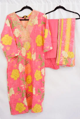 Pink & Yellow Floral Printed Kurti Set with Embroidered Neckline – Vibrant Ethnic Fashion in USA at Swaraksha Fashions