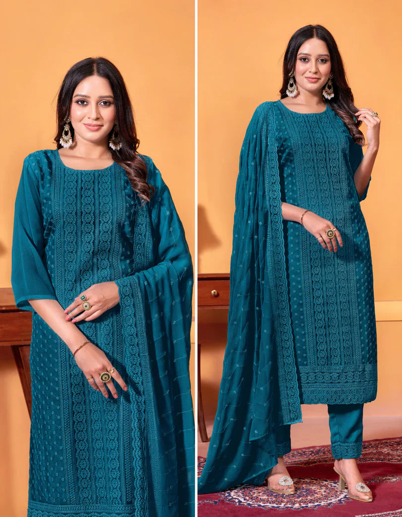 Teal Blue Embroidered Straight Kurta Set with Dupatta – Elegant USA Ethnic Fashion at Swaraksha Fashions