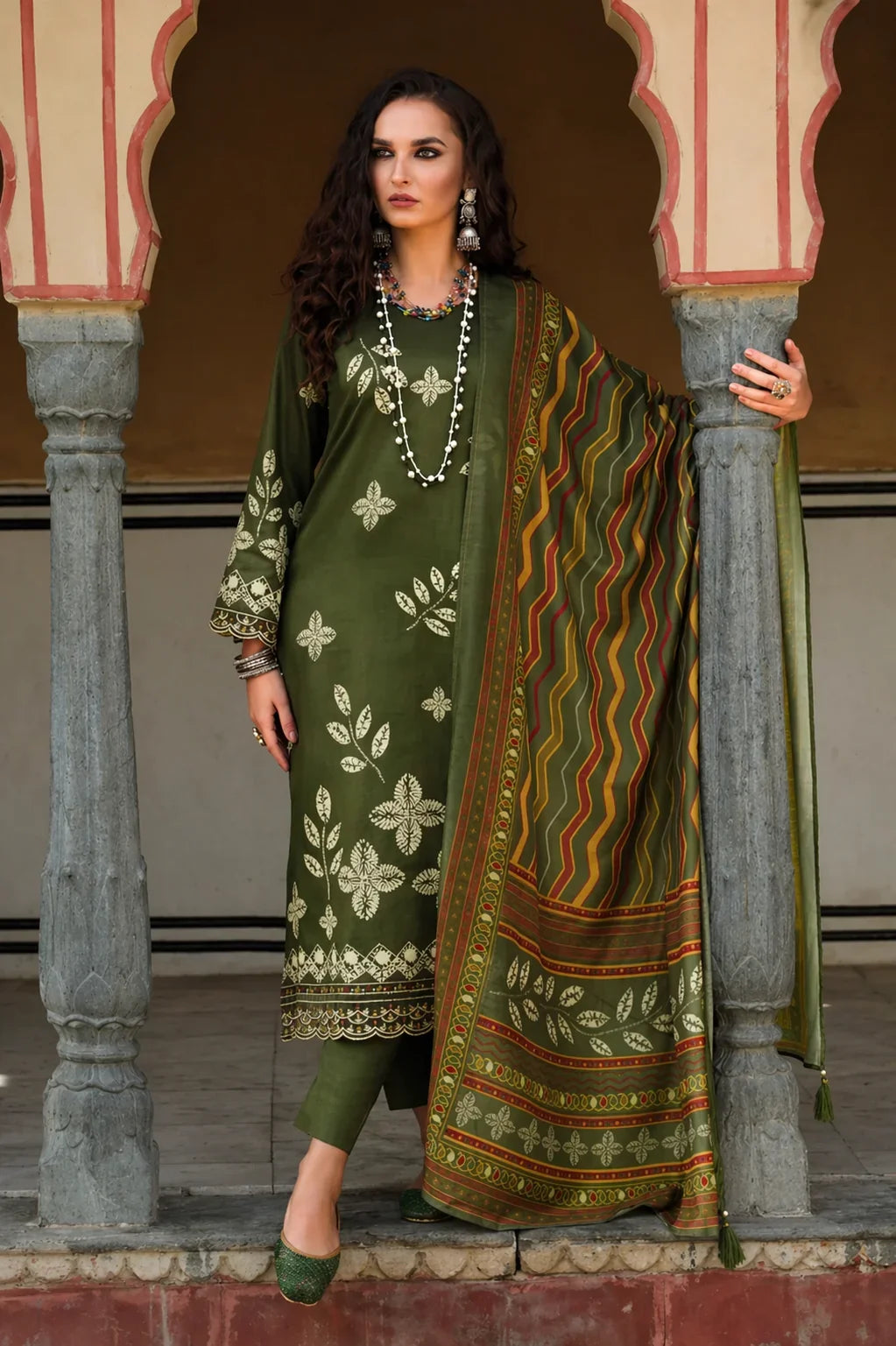 Olive Green Printed Kurta Set with Dupatta – Stylish Indian Ethnic Wear in USA