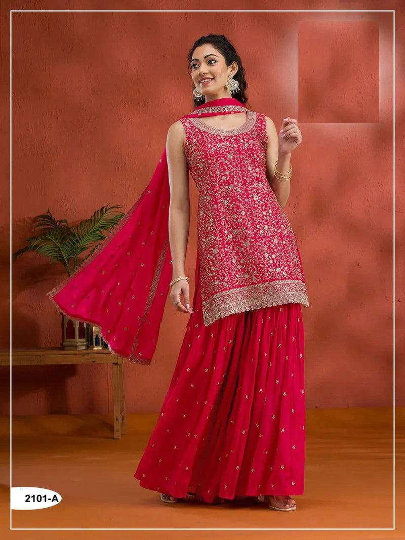 Cherry Red Georgette Embroidered Sharara Set – Glamorous Ethnic Elegance for Women in USA