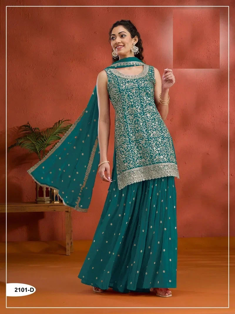 Teal Green Embroidered Sharara Suit Set – Elegant Festive Wear for Women in USA