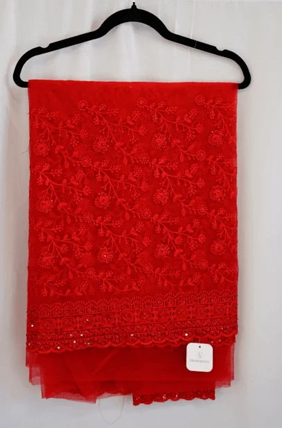 Crimson Red Floral Embroidered Net Saree with Sequin Detailing