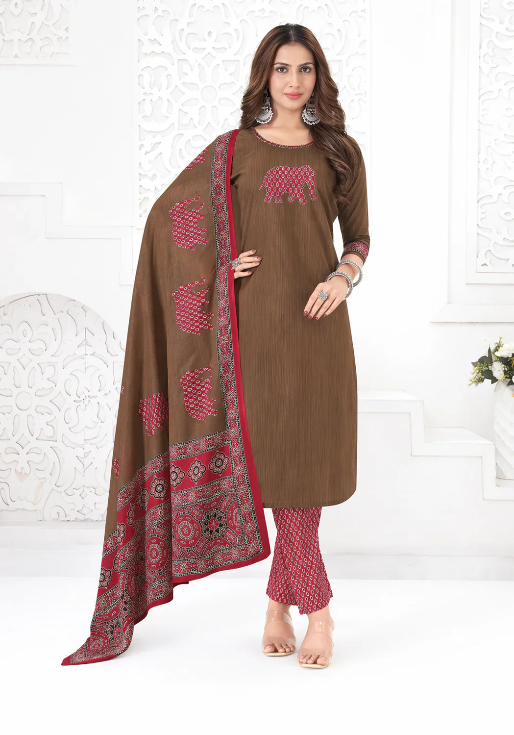 Brown and Red Printed Cotton Kurti Pant Dupatta Set – Elegant Everyday Ethnic Wear in USA at Swaraksha Fashions