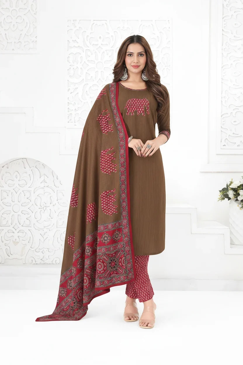 Brown and Red Printed Cotton Kurti Pant Dupatta Set – Elegant Women's Ethnic Wear in USA