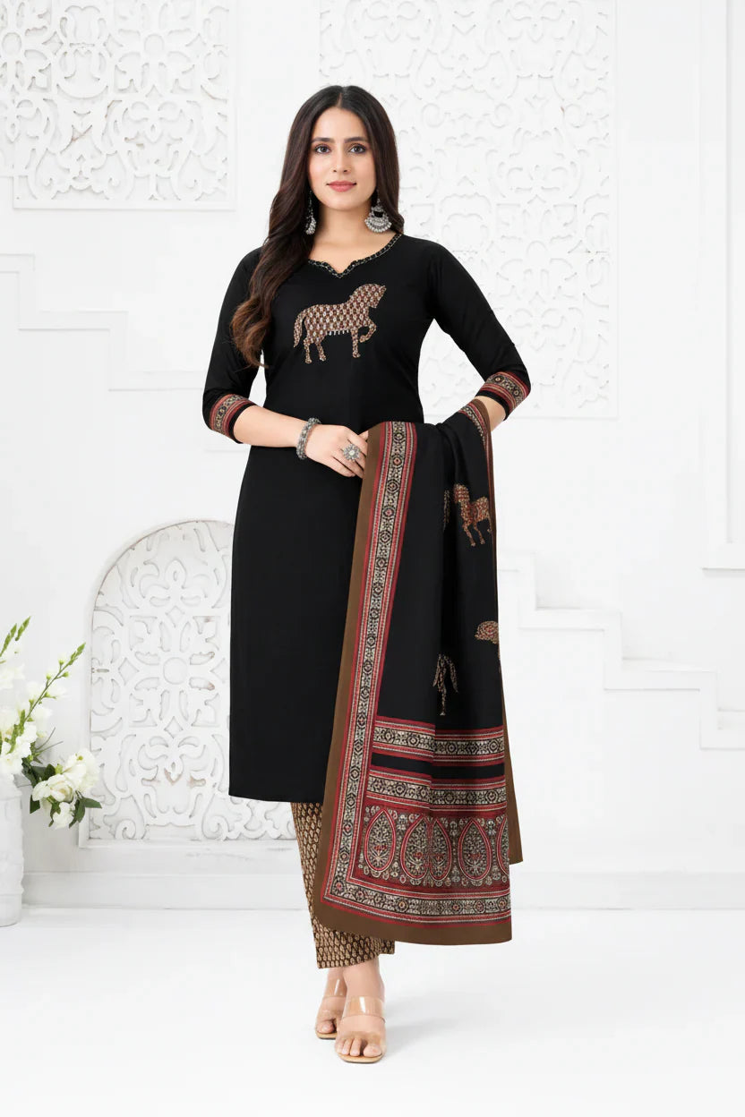 Black Printed Cotton Kurti Set – Elegant Designer Cotton Ethnic Wear for Women in USA