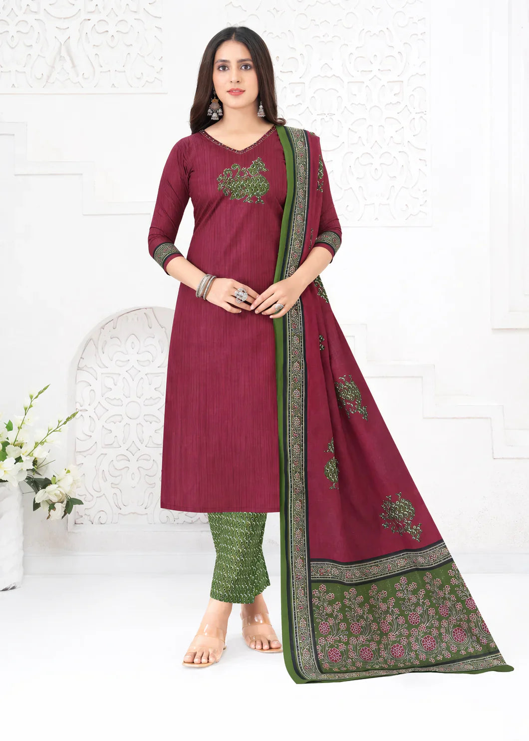 Wine Red Printed Cotton Kurti Set – Elegant Designer Cotton Ethnic Wear for Women in USA