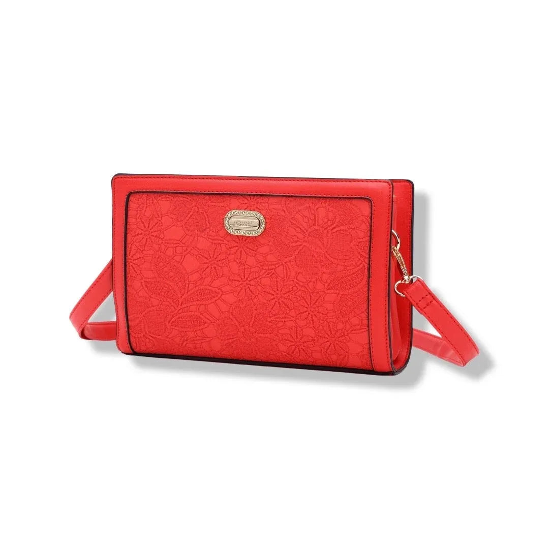 Crimson Floral Embossed Sling Bag with Gold Accent – Bold Elegance and Everyday Luxury in USA