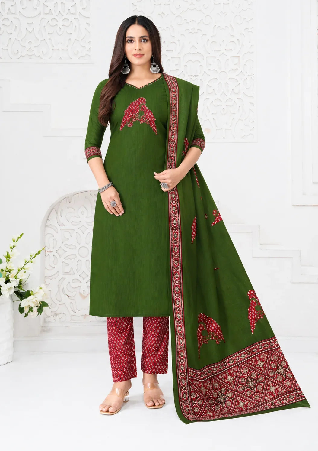 Bottle Green Printed Cotton Kurti Set – Comfortable Designer Women's Ethnic Wear in USA