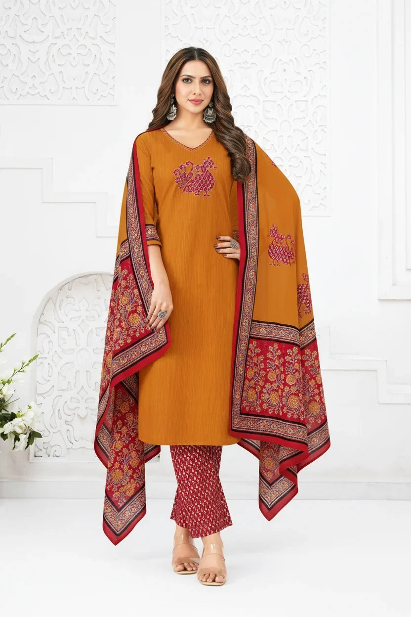 Mustard Printed Cotton Kurti Set – Comfortable Designer Women's Ethnic Wear in USA