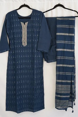 Navy Blue Thread Embroidered Cotton Kurta Set with Striped Dupatta