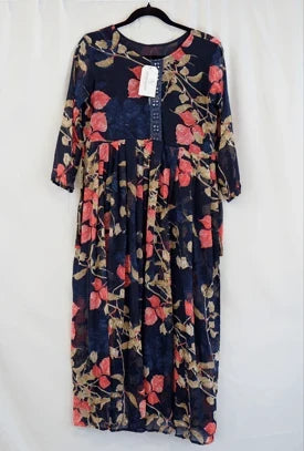 Navy Blue Floral Printed Georgette Dress with 3/4th Sleeves