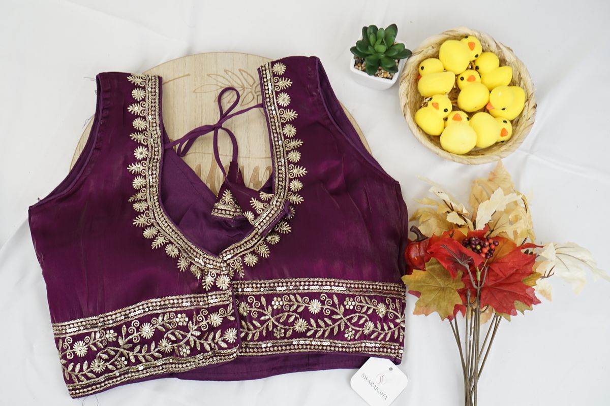 Plum Purple Zari Embroidered Silk Blouse – Elegant Designer Ethnic Blouse in USA at Swaraksha Fashions